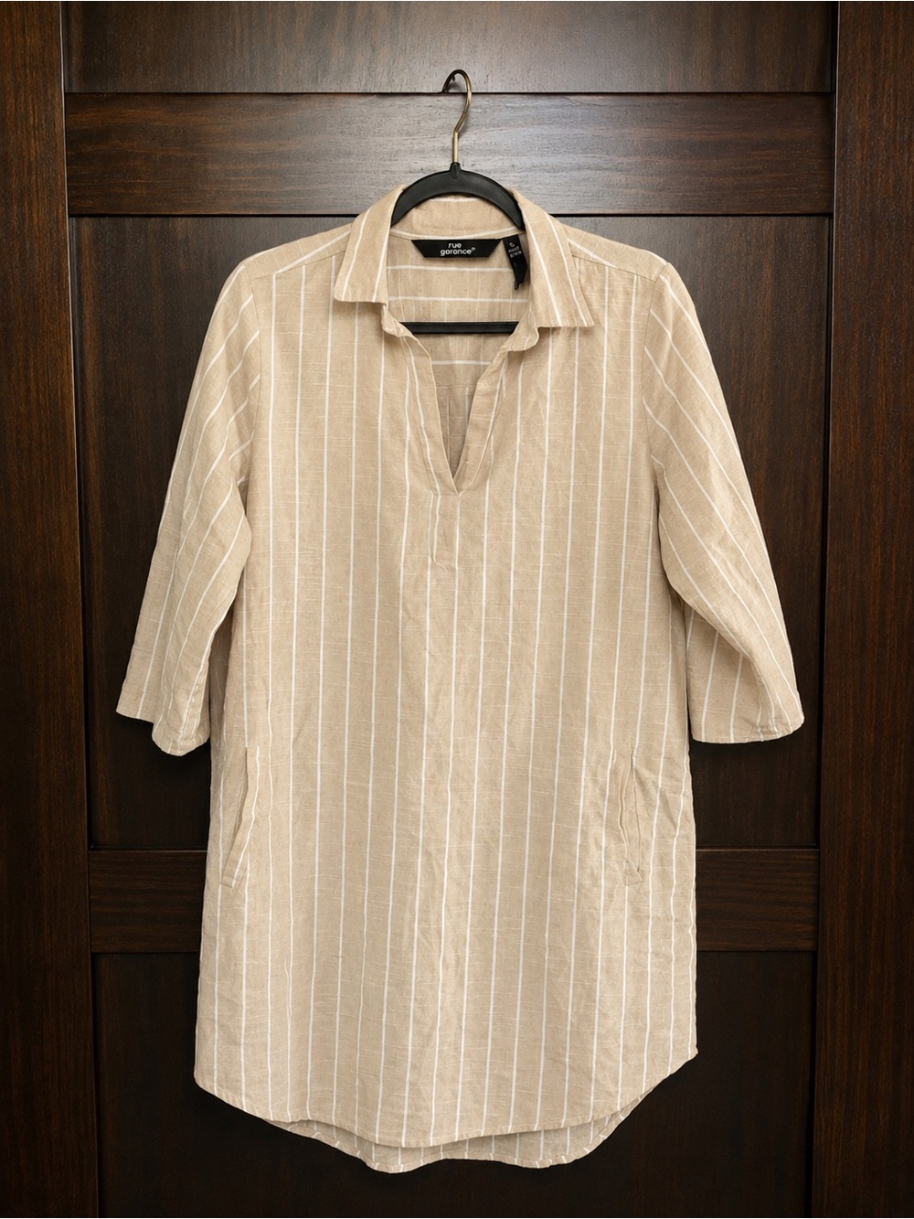 Mlle Gabrielle Beige and White Striped Casual Tunic Blouse